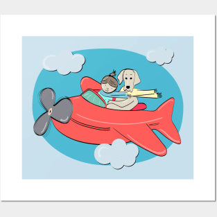 Cute Flying Adventure for a Girl and her Dog in an Airplane Posters and Art